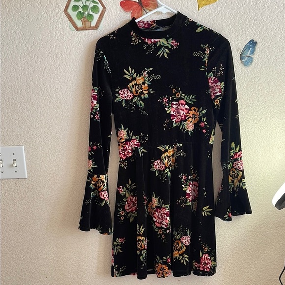 Black Fit and Flare Dress with Bell Sleeves and Mock Neck - Picture 1 of 5
